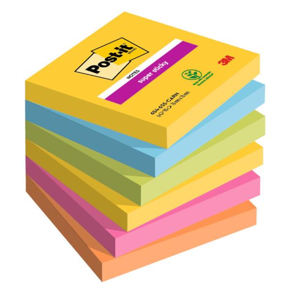Blocco Post-it Super Sticky - 654-6SS-CARN - 76 x 76 mm - colori Carnival - 90 fogli - Post-it - conf- 6 pezzi