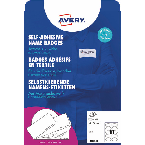 Etichette badge ovali - in seta acetata - laser - rimovibili - 85 x 50 mm - 10 et/fg - 20 fogli - bianco - Avery