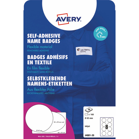 Etichette badge - rimovibili - per stampanti inkjet - diametro 65 mm - 8 et/fg - 20 fogli A4 - seta acetata - bianco - Avery
