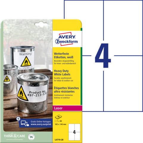 Etichette adesive L4719 - in poliestere - laser - permanenti - 105 x 148 mm - 4 et/fg - 20 fogli - bianco - Avery