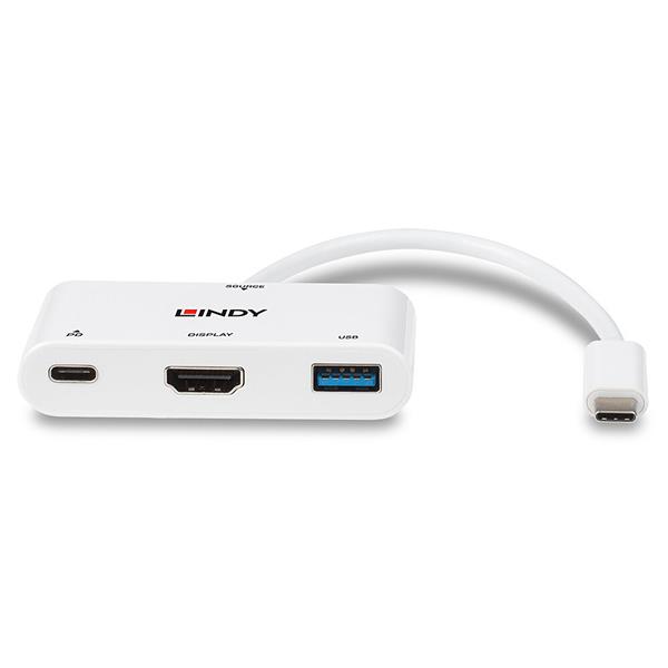 Lindy - Adattatore video - 24 pin USB-C maschio a HDMI, USB Tipo A, USB-C (solo alimentazione) femmina - 18 cm - bianco - supporta Power Delivery 3,0, supporta 4K 30 Hz (3840 x 2160)
