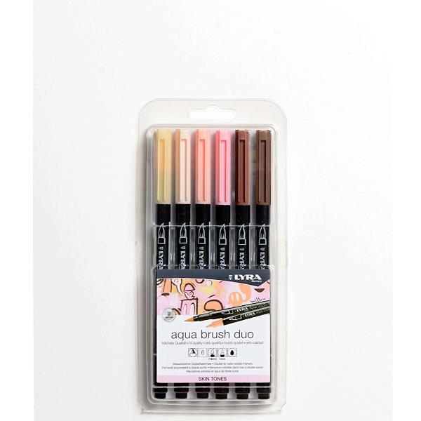 Lyra Aqua Brush Duo Skin Tones - Combinazione pennello e penna con punta in fibra - arancione chiaro, light flesh, bruno Van Dyck, carne medio, giallo napoli, mars red - inchiostro base acqua - 2 mm / 4 mm - fine / brush (pacchetto di 6)