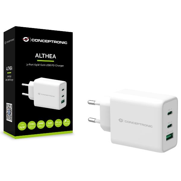 Conceptronic ALTHEA12W 3-Port 65W GaN USB PD Charger - Alimentatore - 65 Watt - 5 A (USB, 2 x USB-C) - bianco