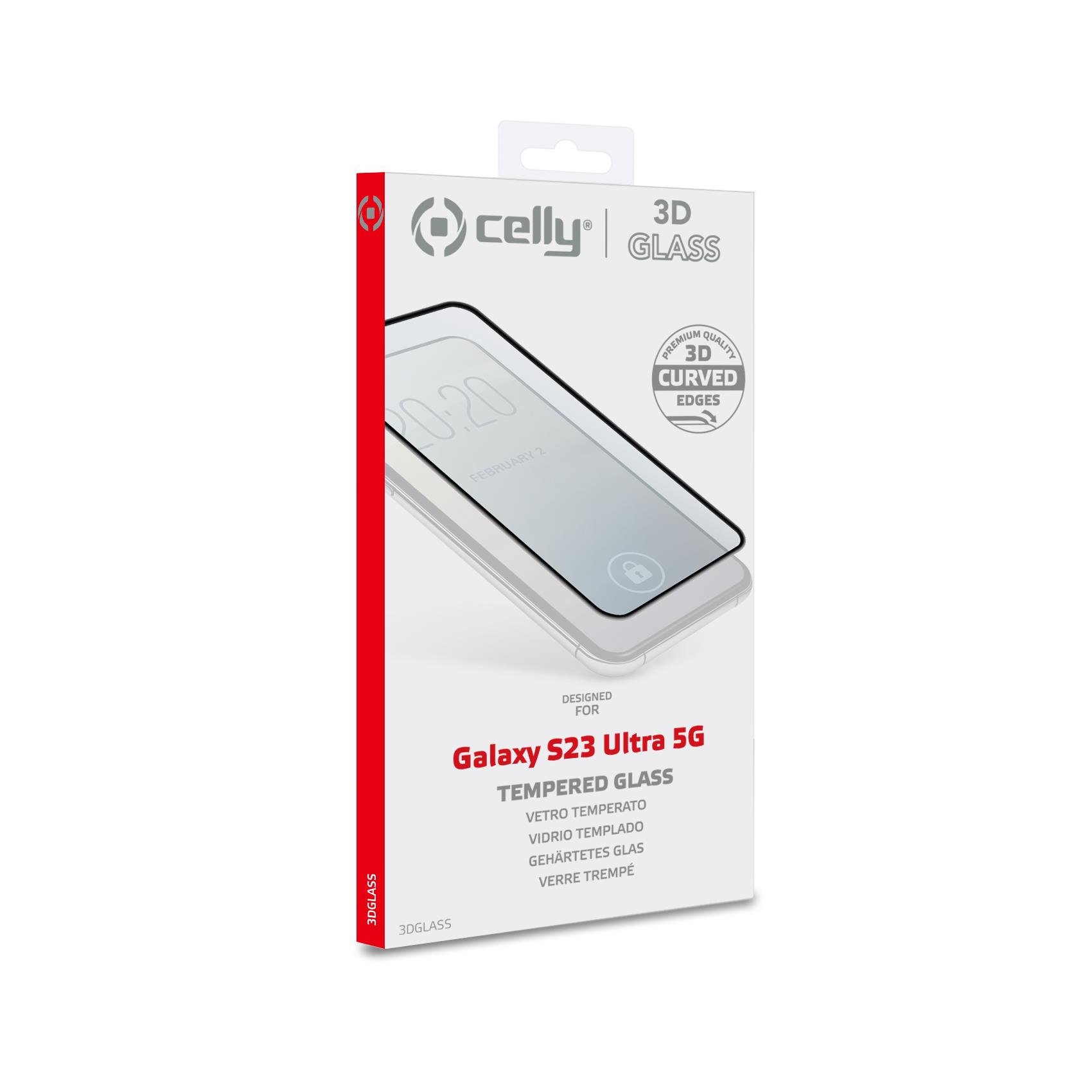 Celly - Protezione per schermo per telefono cellulare - 3D - vetro - colore telaio nero - per Samsung Galaxy S23 Ultra
