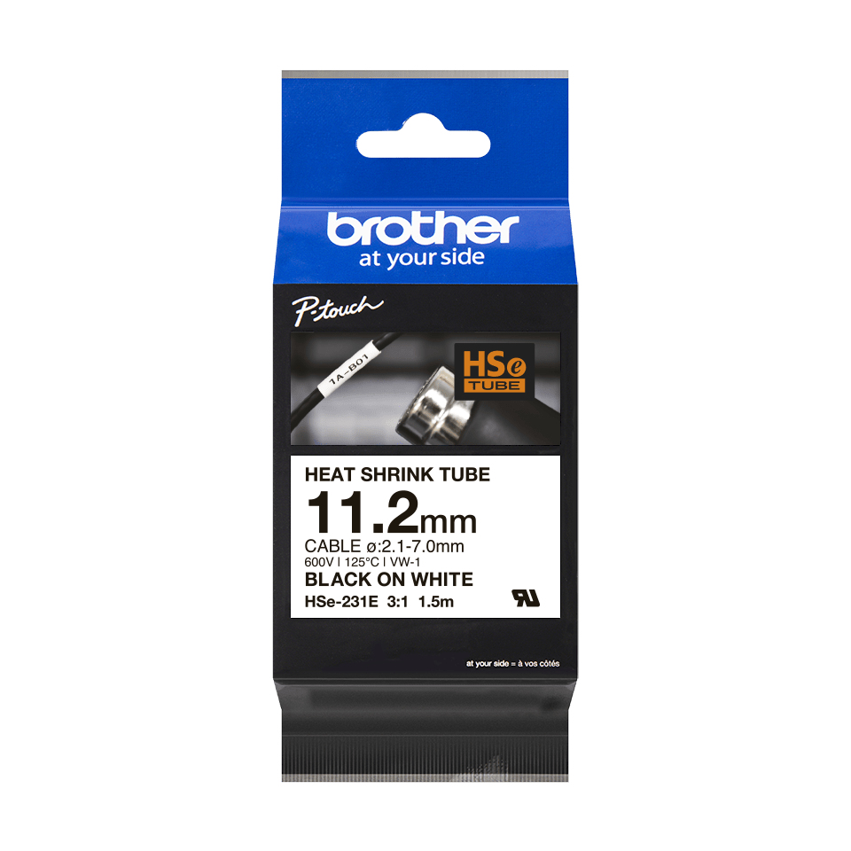 Brother HSe-231E - Nero su bianco - Rotolo (1,12 cm x 1,5 m) 1 cassetta(e) confezione da appendere - nastro termorestringente per tubi - per P-Touch PT-D800W, PT-E300, PT-E300VP, PT-E550WVP, PT-P700, PT-P750W, PT-P900W, PT-P950NW