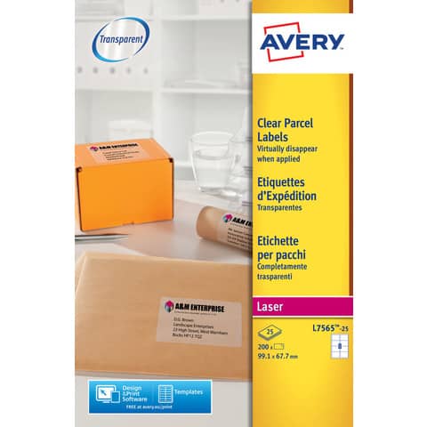 Etichetta adesiva L7565 - poliestere - permanente - 99,1 x 67,7 mm - 8et/fg - 25 fogli A4 - trasparente - Avery