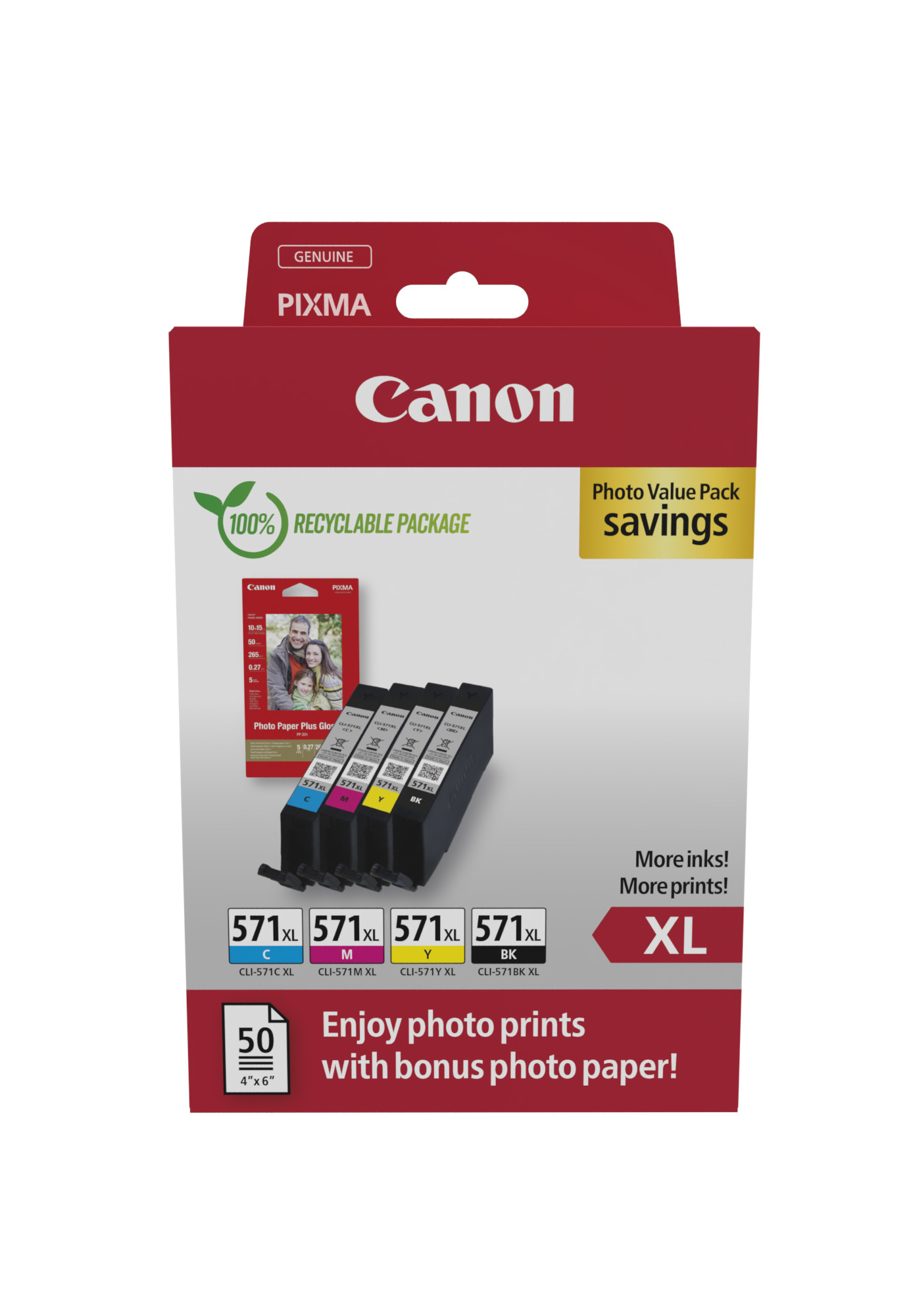 Canon CLI-571 XL C/M/Y/BK Photo Value Pack - Confezione da 4 - 11 ml - Alta resa - nero, giallo, ciano, magenta - originale - confezione da appendere - kit cartuccia inchiostro / carta - per PIXMA TS5051, TS5053, TS5055, TS6050, TS6051, TS6052, TS8051, TS8052, TS9050, TS9055