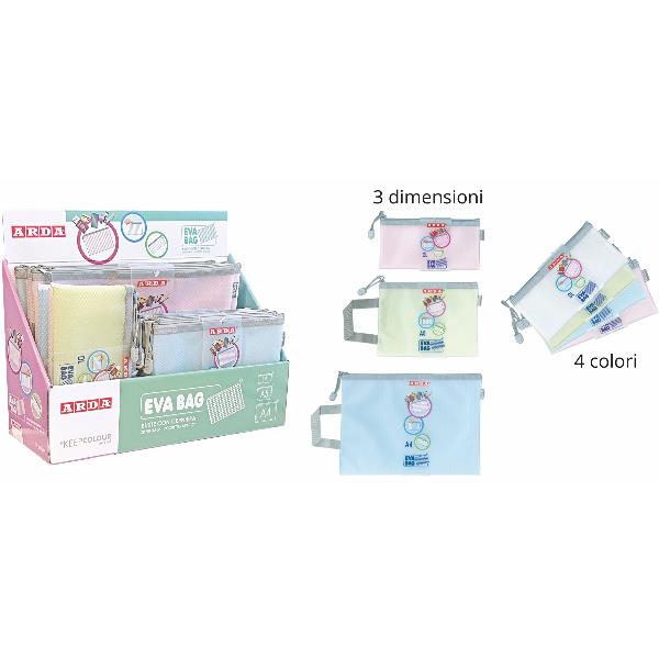 Buste con zip - 3  formati assortiti - EVA - colori pastello - Arda - display 36 pezzi