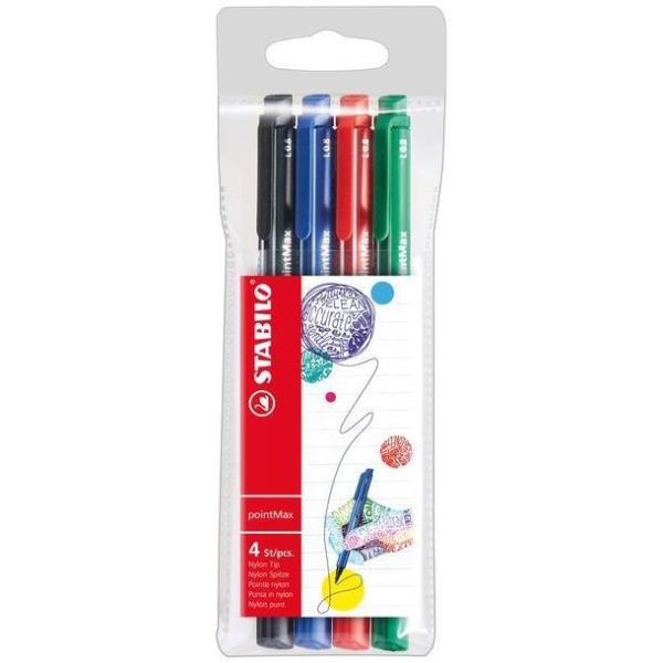 Pennarello PointMax punta feltro - punta 0,80mm - Stabilo - astuccio 4 colori: blu, nero, rosso, verde