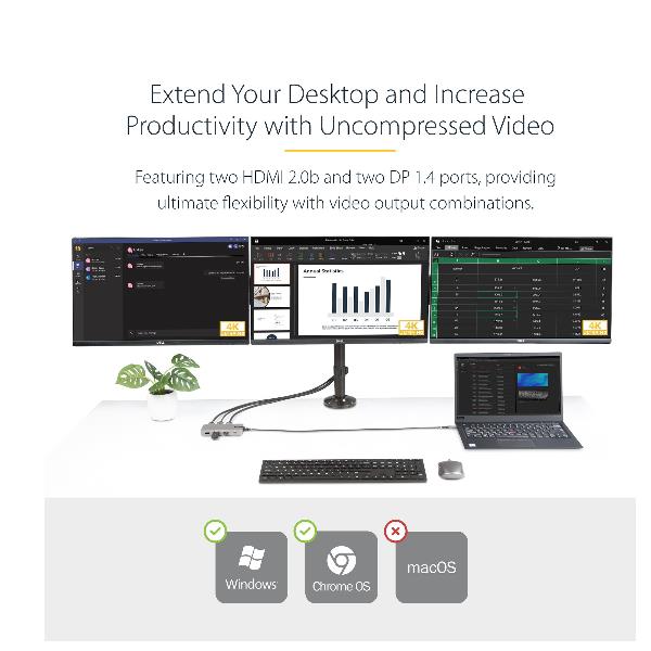 StarTech.com USB-C Triple-Monitor Multiport Adapter, Dual 4K 60Hz + 4k 30Hz HDMI & DisplayPort, 3-Port USB 10Gbps Hub, 100W Power Delivery Pass-Through, GbE, 2ft Cable, Mini Dock - Travel Laptop Docking Station (117B-USBC-MULTIPORT) - Docking station - USB-C 3.2 Gen 2 / Thunderbolt 3 / Thunderbolt 4 - 2 x HDMI, 2 x DP - GigE