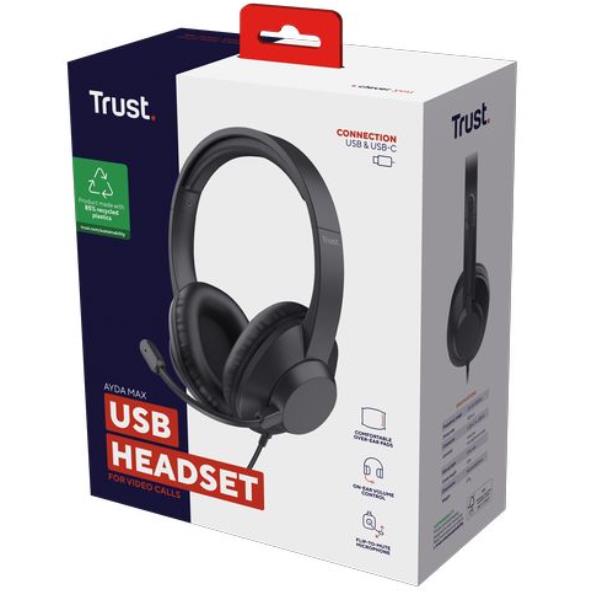 Trust Ayda Max USB Auricolare Cablato A Padiglione Ufficio USB Type-C / USB Type-A Nero