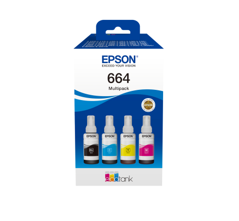 Epson EcoTank 664 - Confezione da 4 - nero, giallo, ciano, magenta - originale - serbatoio inchiostro - per Epson L380, L395, L495; EcoTank ET-2650, L1455, L656; EcoTank ITS L3050, L3060, L3070