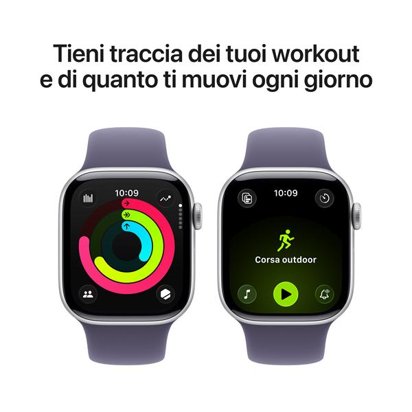 Apple Watch Series 11 GPS 42mm Cassa Alluminio Argento con Sport Band Viola Nebbia - M/L, OLED, Touch screen, 64 GB, Wi-Fi, GPS (satellitare), 30,3 g