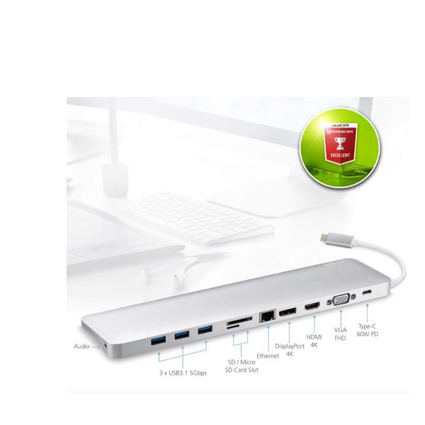 ATEN Dock multiporta USB-C con pass-through dell?alimentazione, Cablato, USB 3.2 Gen 1 (3.1 Gen 1) Type-C, 60 W, 10,100,1000 Mbit/s, Argento, MicroSD (TransFlash), MicroSDHC, MicroSDXC, SD, SDHC, SDXC