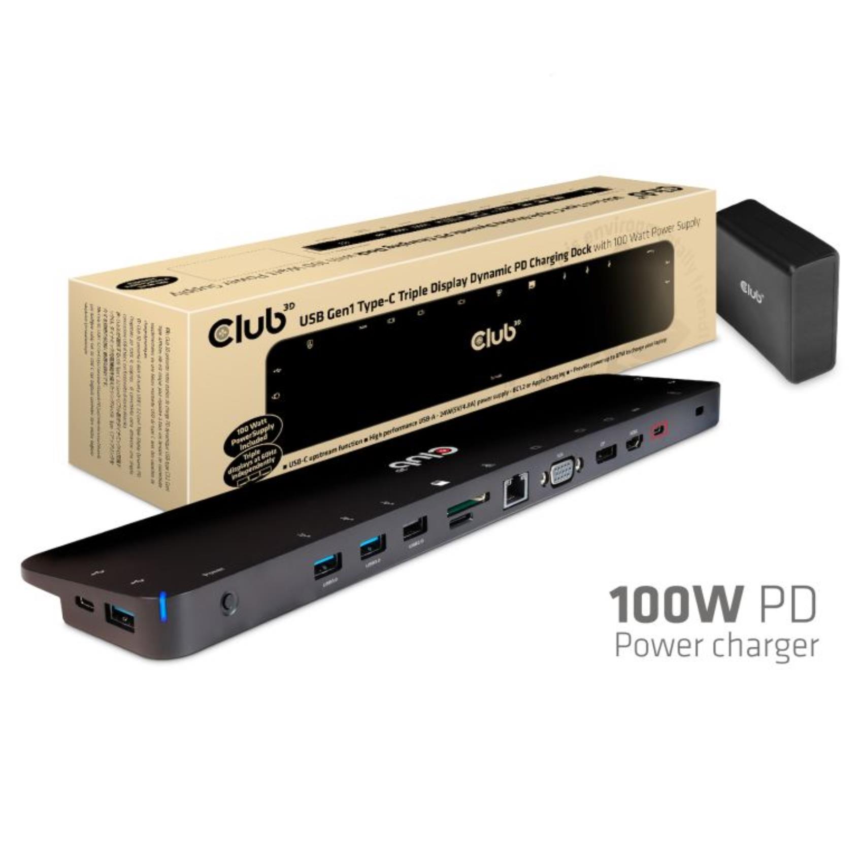 CLUB3D CSV-1564W100, Docking, USB 3.2 Gen 1 (3.1 Gen 1) Type-C, Nero, Lenovo Dell Acer Asus. MSI. Toshiba Apple HP Razer, Meets ROHS, FCC, and CE EMI requirements