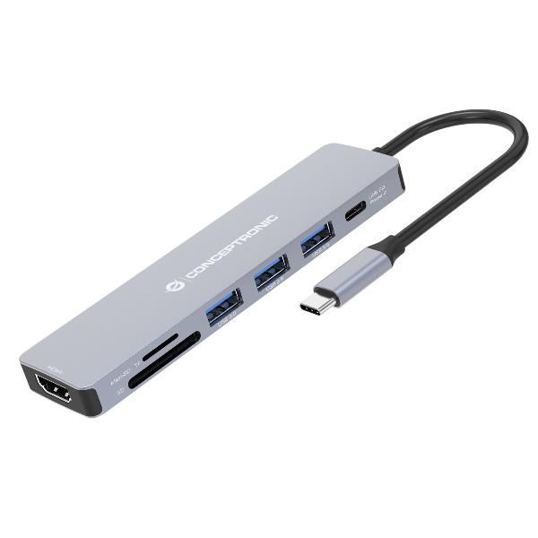 Conceptronic DONN19G, Cablato, USB 3.2 Gen 1 (3.1 Gen 1) Type-C, 100 W, Grigio, MicroSD (TransFlash), SD, 5 Gbit/s