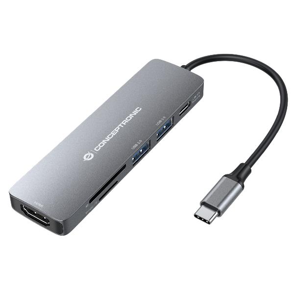 Conceptronic DONN11G, Cablato, USB 3.2 Gen 1 (3.1 Gen 1) Type-C, 100 W, Grigio, MicroSD (TransFlash), SD, 5 Gbit/s