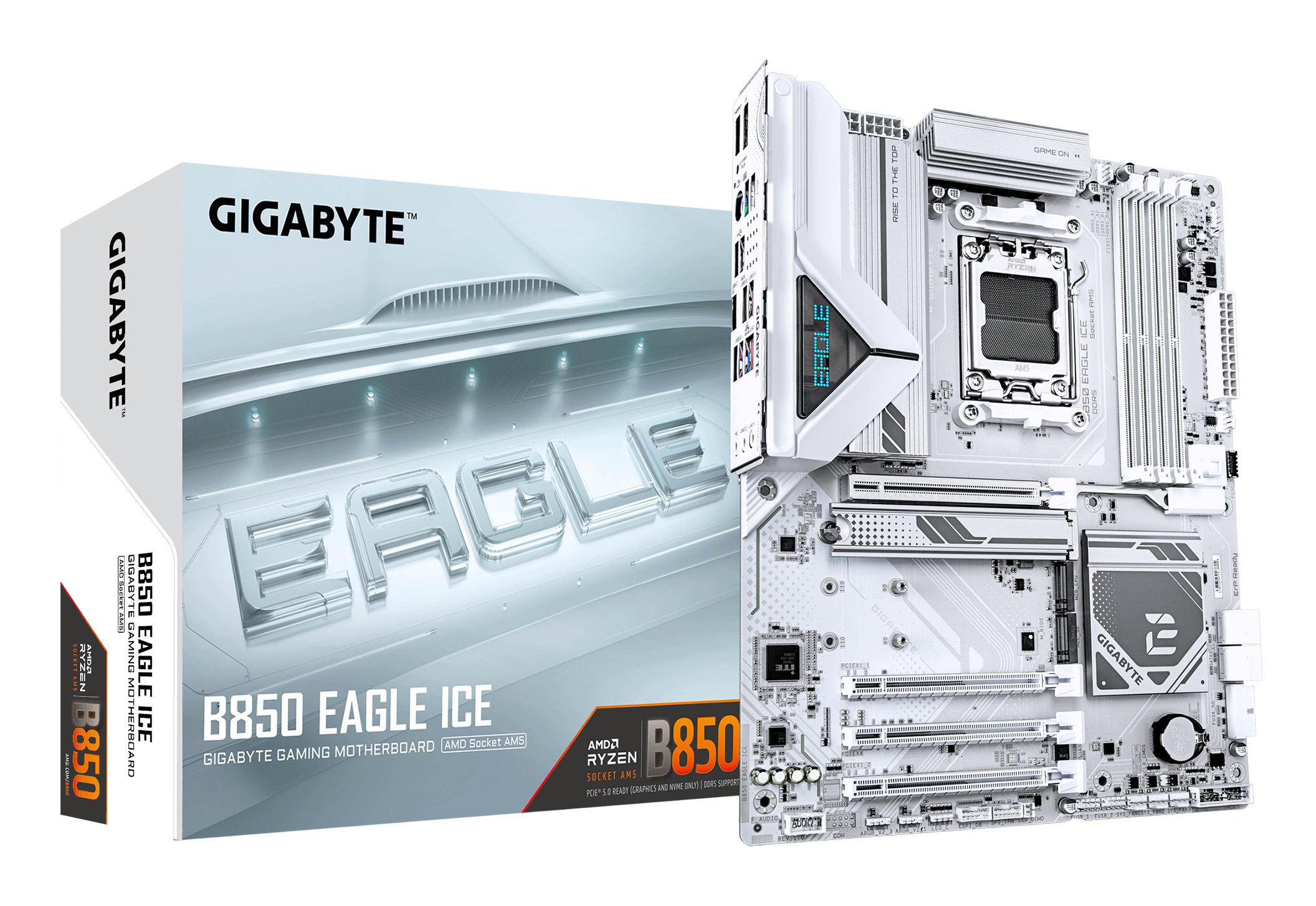 GIGABYTE B850 EAGLE ICE Scheda Madre – CPU AMD Ryzen serie 9000, VRM digitale a 8+2+2 fasi, fino a 8200 MHz DDR5 (O.C), 1 x M.2 PCIe 5.0 + 2 x M.2 PCIe 4.0, LAN 2.5 GbE, USB 3.2 Gen 2, AMD, Socket AM5, AMD Ryzen 7000 Series, AMD Ryzen 8000 Series, AMD Ryzen 9000 Series, Socket AM5, DDR5-SDRAM, 256 GB