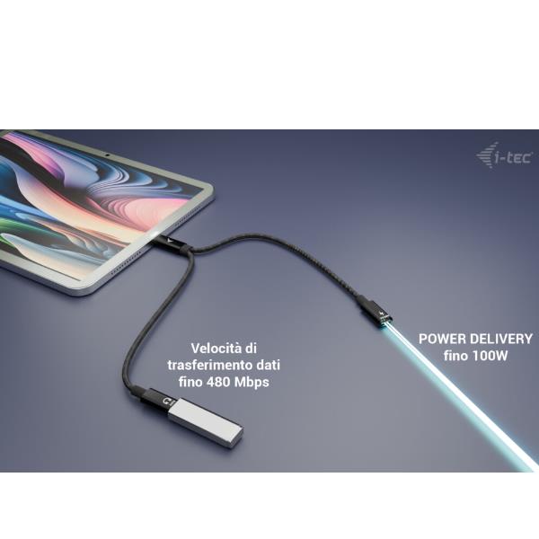 i-tec USB-C Cable Splitter Audio/Data + Power Delivery 100W, 0,3 m, USB C, 2 x USB C, USB 2.0, Nero