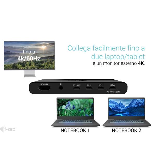 i-tec KVM Docking Station HDMI for 2 hosts, Power Delivery 2x 100W, Cablato, USB 3.2 Gen 1 (3.1 Gen 1) Type-C, 100 W, Nero, 3840 x 2160 Pixel, 60 Hz