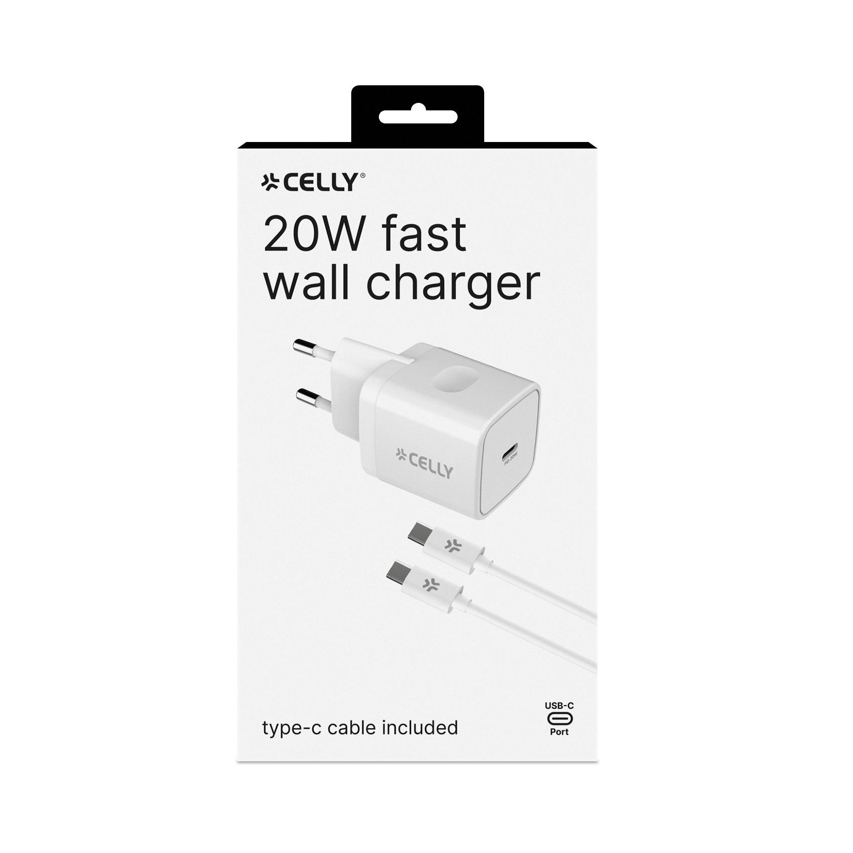 Celly ProPower Wall charger - Alimentatore - 20 Watt - PD (USB-C) - sul cavo: USB-C - bianco - Europa