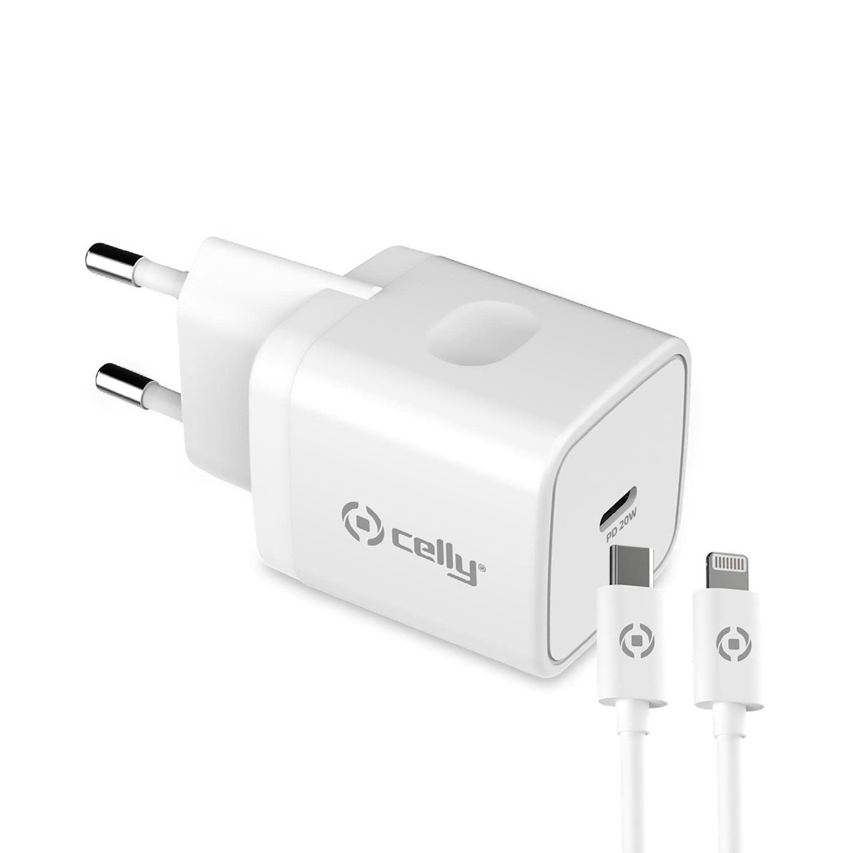 Celly ProPower Wall charger - Alimentatore - 20 Watt - PD (USB-C) - sul cavo: Lightning - bianco - Europa - per Apple iPad/iPhone/iPod (Lightning)