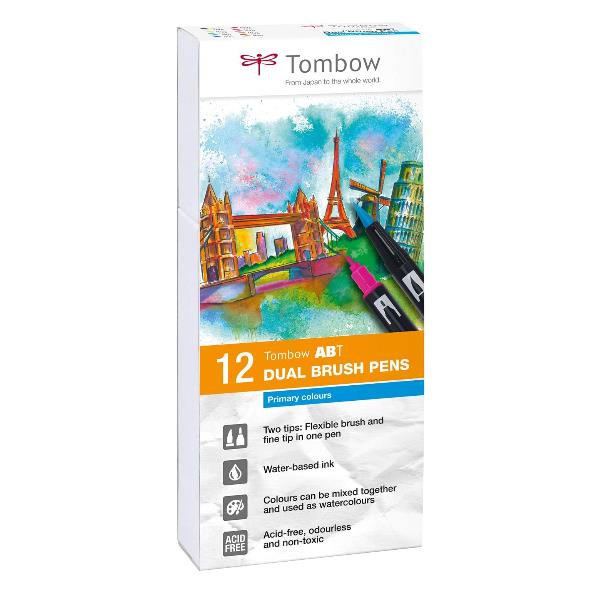 ABT Primary - Pennarello a pennello a doppia calligrafia - colori di base assortiti - inchiostro base acqua - 0.8 mm / 10 mm - fine (pacchetto di 12)