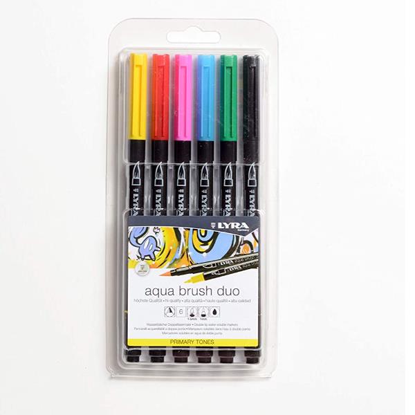Lyra Aqua Brush Duo Primary Tones - Combinazione pennello e penna con punta in fibra - nero, blu chiaro, verde smeraldo, rosa porpora, giallo limone, carminio scuro - inchiostro base acqua - 2 mm / 4 mm - fine / brush (pacchetto di 6)