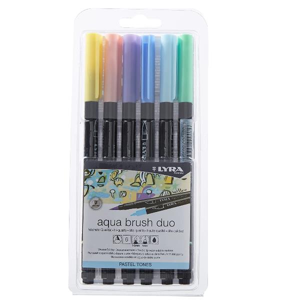 Lyra Aqua Brush Duo - Combinazione pennello e penna con punta in fibra - colori pastello assortiti - inchiostro base acqua - 2 mm / 4 mm - fine / larga (pacchetto di 6)