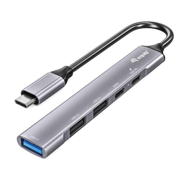 EQUIP - HUB 5-PORTE USB-C (1x USB 3.0, 2x USB 2.0, 1x USB-C PD 100W, 1x USB-C), Alluminio