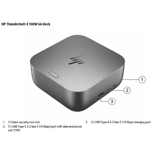 HP Dock Thunderbolt 4 100 W G6, Cablato, Thunderbolt 4, 100 W, 10,100,1000,2500 Mbit/s, Grigio, 5K Ultra HD