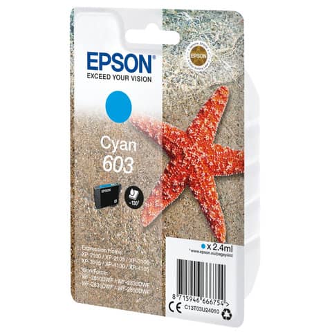 Epson 603 - 2.4 ml - ciano - originale - blister con radiofrequenza / allarme acustico - cartuccia d'inchiostro - per Expression Home XP-2150, 2155, 3150, 3155, 4150, 4155; WorkForce WF-2820, 2840, 2845, 2870