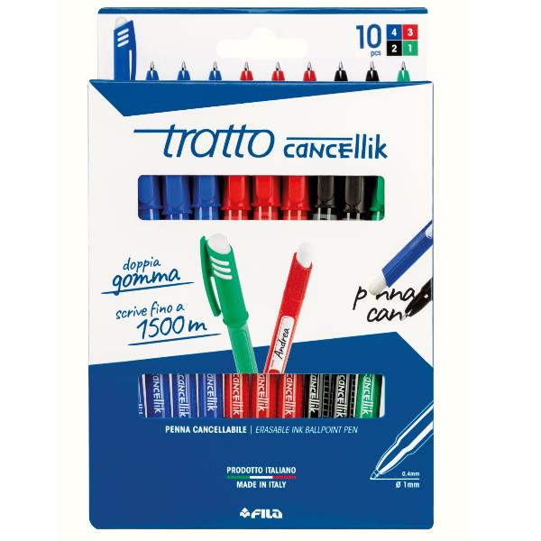 tratto Cancellik - Penna a sfera - colori assortiti - 0.4 mm - con gomma (pacchetto di 10)