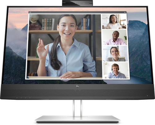 HP E24mv G4 Conferencing Monitor - E-Series - monitor a LED - 23.8" - 1920 x 1080 Full HD (1080p) @ 60 Hz - IPS - 250 cd/m² - 1000:1 - 5 ms - HDMI, VGA, DisplayPort - altoparlanti - argento, testa utensile nera - per HP 250 G9; Elite 600 G9, 800 G9; EliteBook 830 G6; Pro 260 G9, 290 G9; ZBook Firefly 14 G9