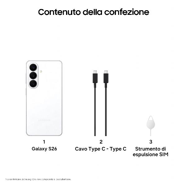 Samsung Galaxy S26 Smartphone AI, 256GB, Processore avanzato, Assistente Foto, Creative Studio, Camera 50 MP, 4300 mAh, White, 16 cm (6.3ʺ), 12 GB, 256 GB, 50 MP, Android 16.0, Bianco