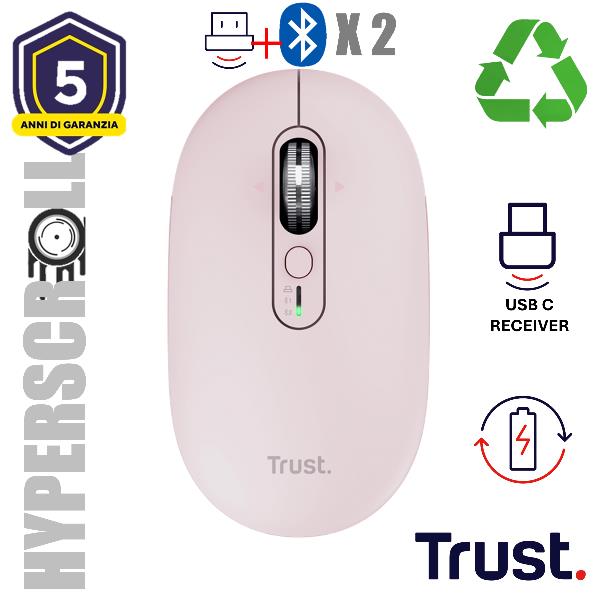 Trust Seron Slim Multi, Ambidestro, Ottico, RF senza fili + Bluetooth, 3200 DPI, Rosa