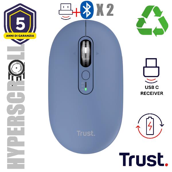 Trust Seron Slim Multi, Ambidestro, Ottico, RF senza fili + Bluetooth, 3200 DPI, Blu