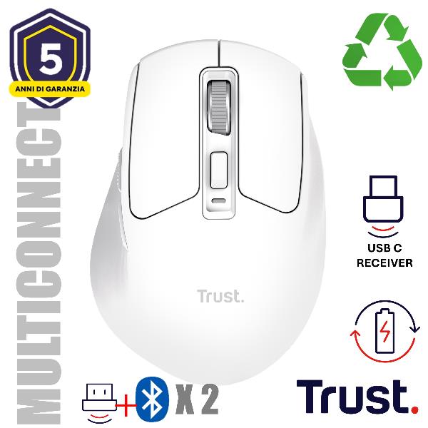 Trust Niven, Mano destra, RF senza fili + Bluetooth, 3200 DPI, Bianco