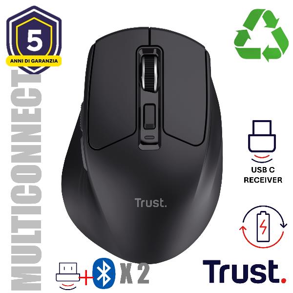 Trust Niven, Mano destra, RF senza fili + Bluetooth, 3200 DPI, Nero