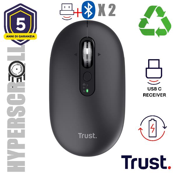 Trust Seron Slim Multi, Ambidestro, Ottico, RF senza fili + Bluetooth, 3200 DPI, Nero