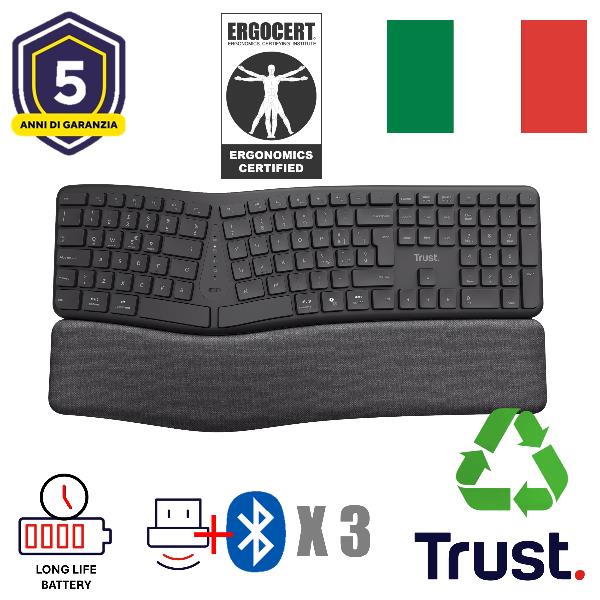Trust Keyra Tastiera wireless multi-dispositivo ergonomica, Full-size (100%), Wireless, RF senza fili + Bluetooth, Interruttore a chiave a membrana, QWERTY, Nero