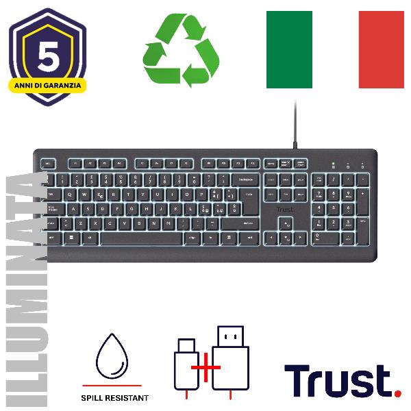 Trust Primo Beleuchtete, Full-size (100%), Cablato, USB, QWERTY, Nero