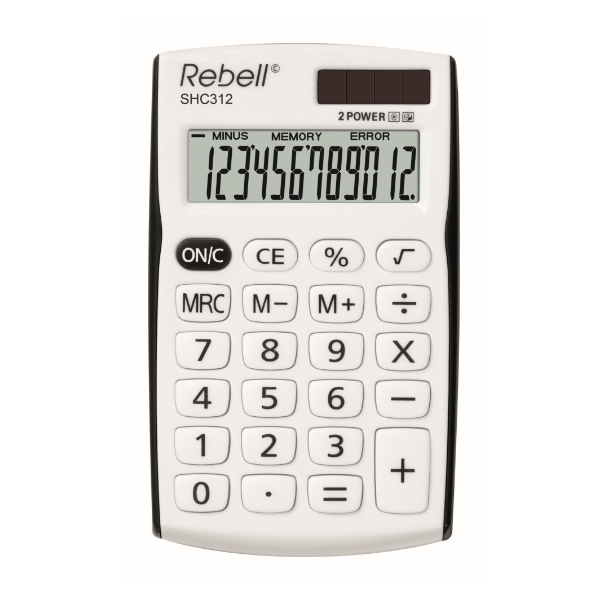 Rebell SHC312, Tasca, Calcolatrice di base, 12 cifre, 1 linee, Batteria/Solare, Nero, Bianco