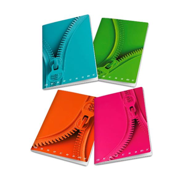 Quaderno maxi A4 18 fogli con risguardo, copertina plastica opaca, carta 100 g/m², colori assortiti.