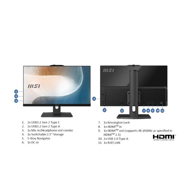 MSI Modern AM242TP 1M-2267XEU, 60,5 cm (23.8ʺ), Full HD, Intel Core 5, 8 GB, 512 GB, Nero