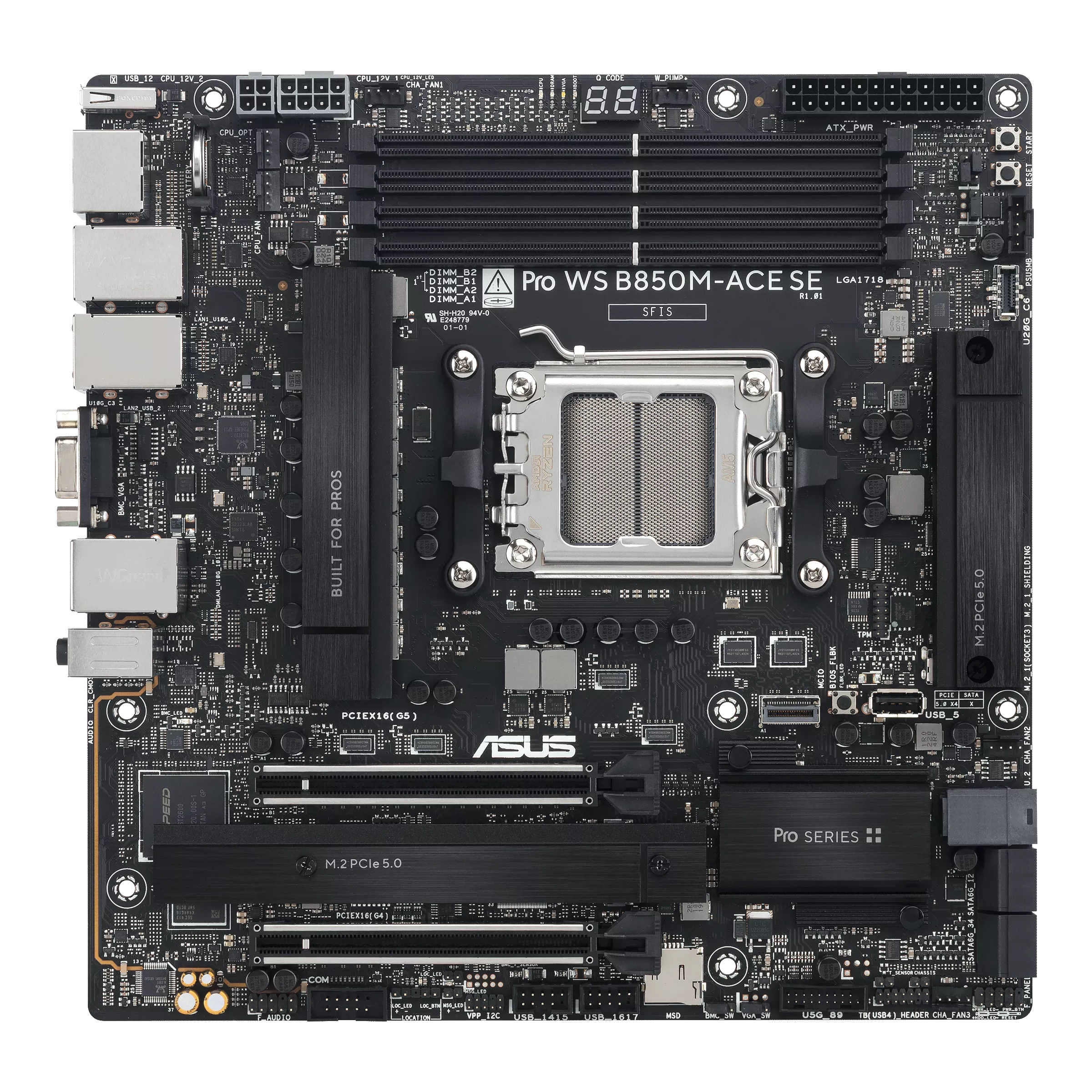 ASUS PRO WS B850M-ACE SE, AMD, Socket AM5, AMD Ryzen 7000 Series, AMD Ryzen 8000 Series, AMD Ryzen 9000 Series, Socket AM5, DDR5-SDRAM, 256 GB