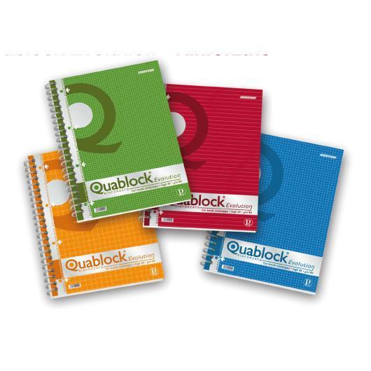 Blocco Quablock Evolution - spiralato - 22x29,5cm - 1 rigo - 50 fogli - 80gr - 4 fori - microperforato - Pigna