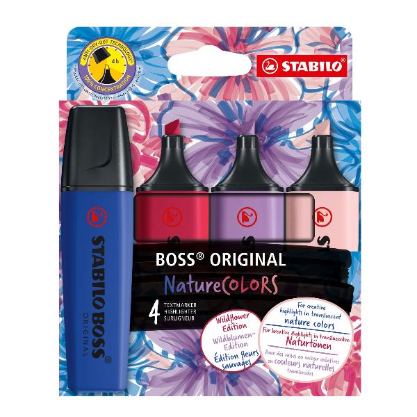 Evidenziatori Stabilo Boss Wildflowers - punta a scalpello - tratto 2 - 5 mm - colori assortiti - Stabilo - astuccio 4 pezzi