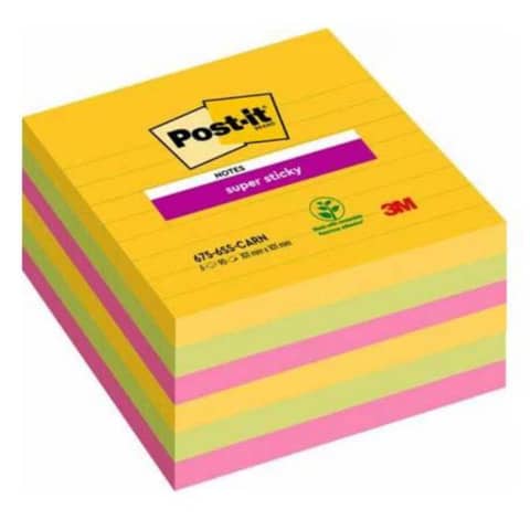 Blocco Post-it Super Sticky - 675-6SS-CARN - a righe - 101 x 101 mm - colori Carnival - 90 fogli - Post-it - conf. 6 pezzi