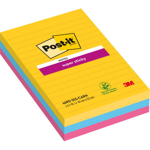 Blocco Post-it Super Sticky - 4690-3SS-CARN - a righe - 101 x 152 mm - colori Carnival - 90 fogli - Post-it - conf. 3 pezzi